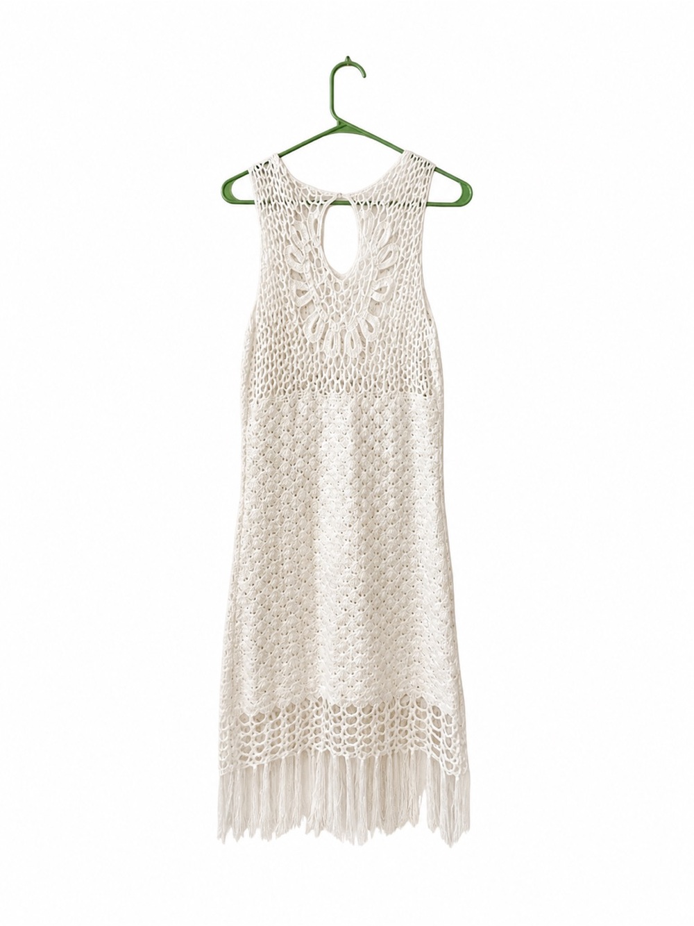 Boho Cream Crochet Midi Dress | Keyhole Back Lace Fringe Hem | Free People Style - Picture 3 of 3